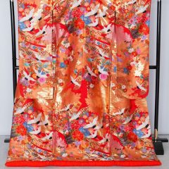 赤地熨斗小鶴に牡丹