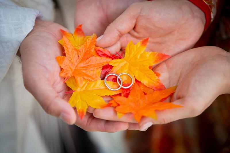 秋らしく紅葉も使って撮影