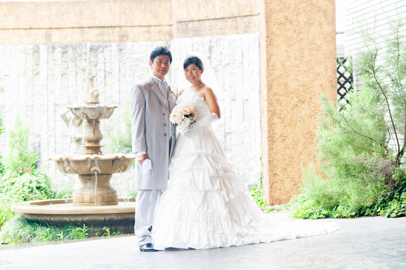 噴水の前で撮影