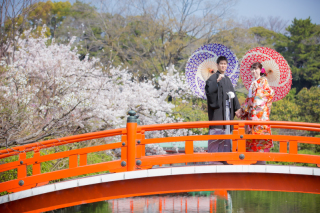 京都で朱色の橋と桜