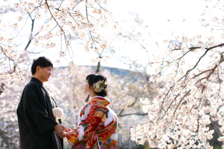 桜での撮影。楽しい写真も撮りつつ雰囲気のある写真も。四季折々の綺麗な自然をおさめながら撮影させて頂きます。京都らしさとはまた違った雰囲気で、たくさんの桜に囲まれたお二人がとても綺麗に見えます。