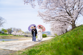 桜が満開の日、鴨川沿いでの撮影！鴨川を選んだ理由をお聞きすると、芝生の緑と桜のイメージが好きなので選びましたとお話してくださりおふたりの好きなイメージを大切に撮影することを心掛けています。