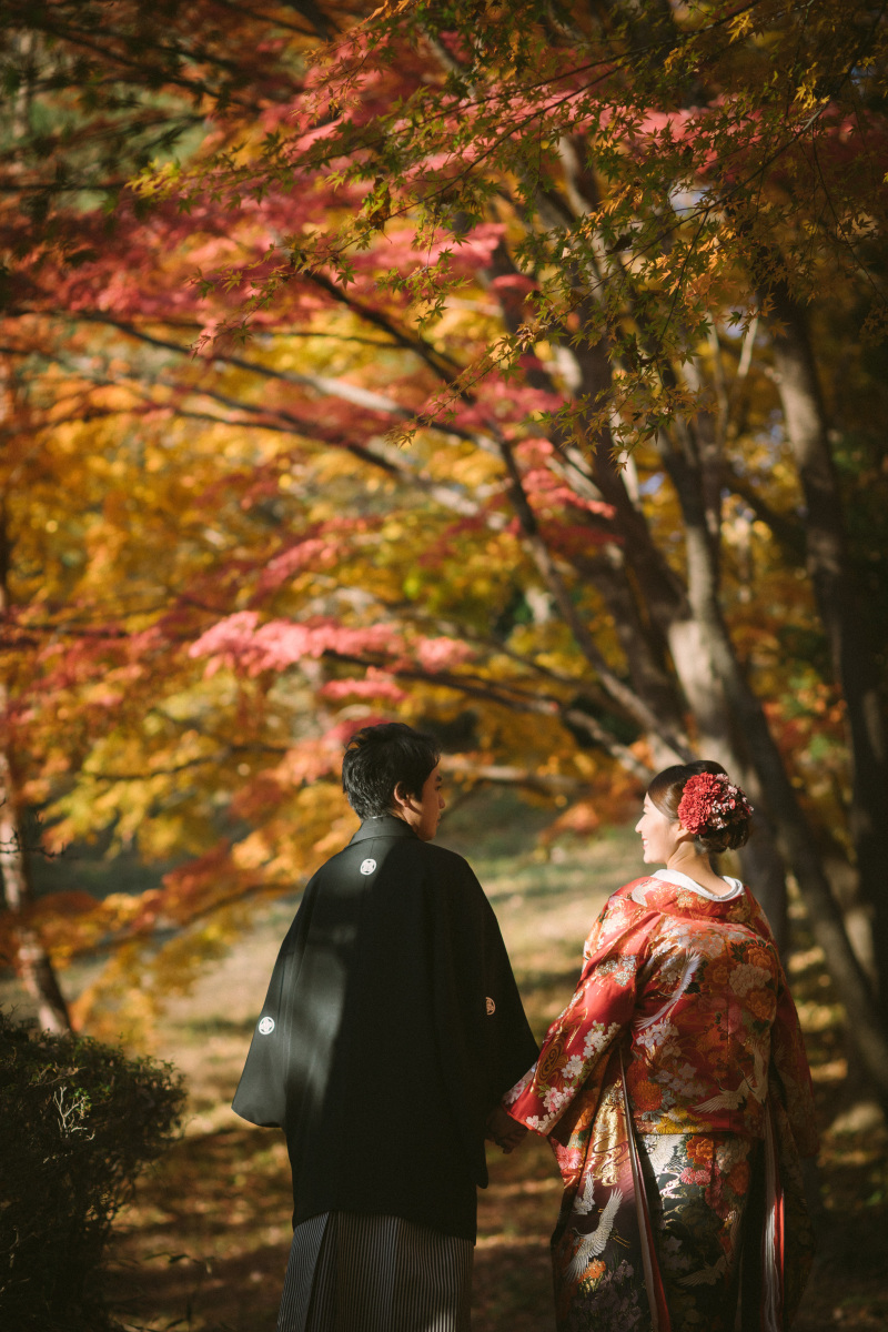 赤く色づいた並木道で