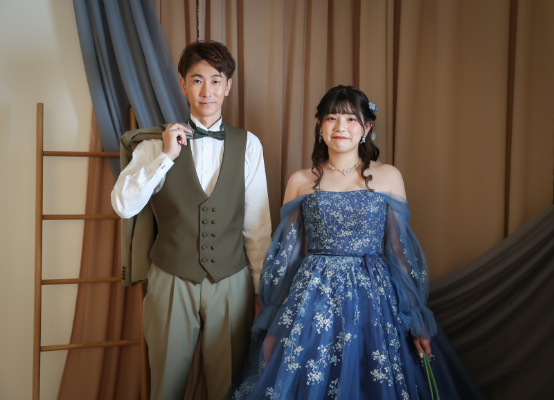 綺麗コーデ＊グリーンタキシード×ブルードレス