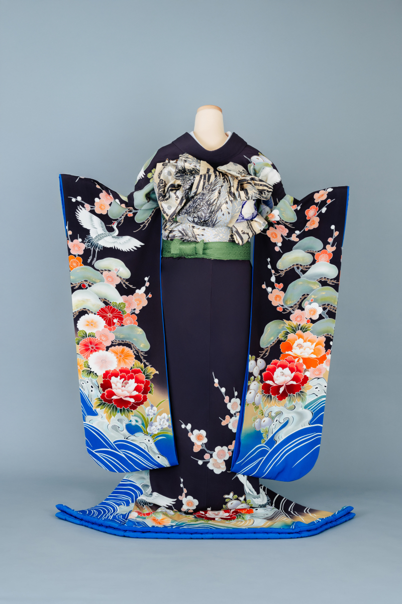 琳派涛波に鶴　引き振袖　005