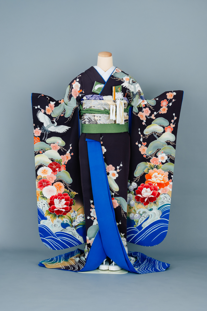 琳派涛波に鶴　引き振袖　005