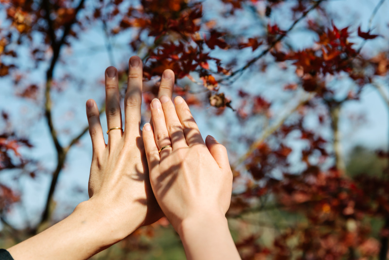 もみじを背景に