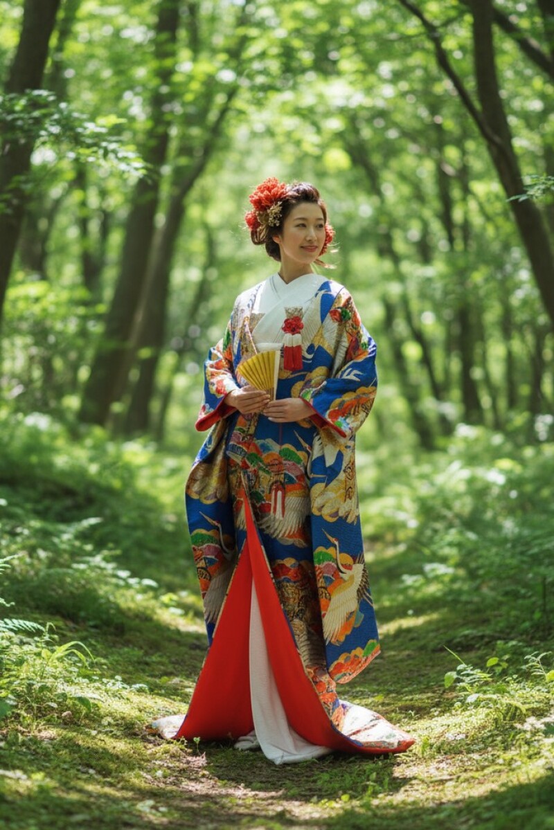 青地　箔引五色松に御所車