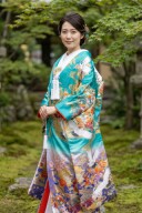 緑地　総刺繍四季花鶴