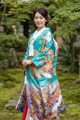 緑地　総刺繍四季花鶴