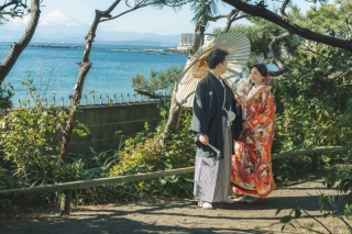 海が見える日本庭園での撮影