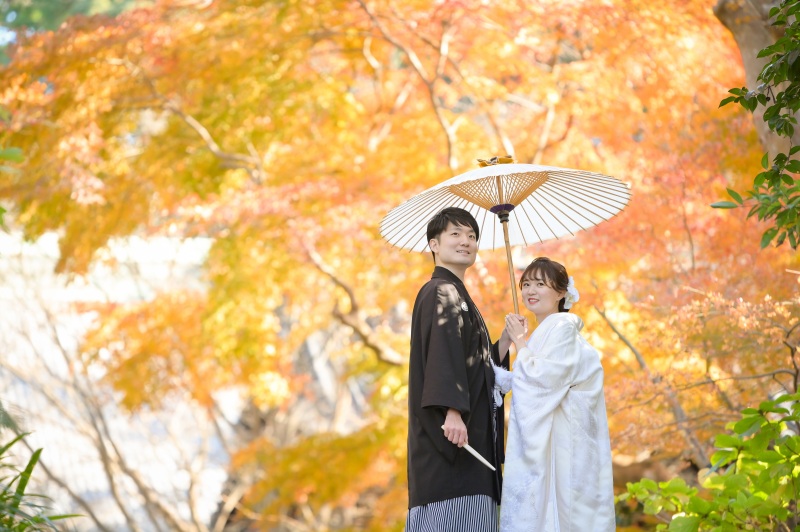 色づいた木々に白無垢と白の番傘が映えます。