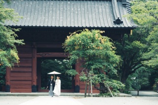 妙本寺での撮影、とても荘厳な弐天門を活かしたお写真、鎌倉の寺院は自然の中に佇んでいるので、現代的なものが映らないので、こういった景色の中にいるおふたりのお写真は素敵です。