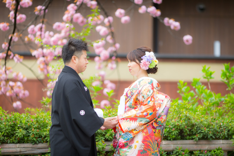 まん丸な八重桜の前で