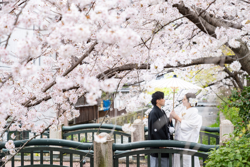 白川にかかる趣のある橋の上での遠くからの撮影