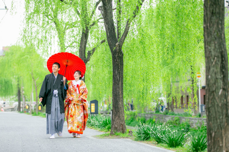 赤傘をさして柳並木をお散歩