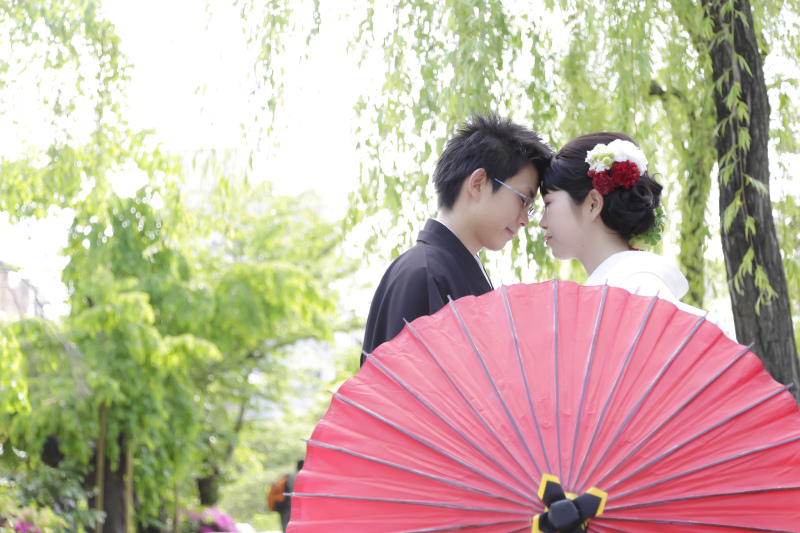 揺れる柳と赤傘