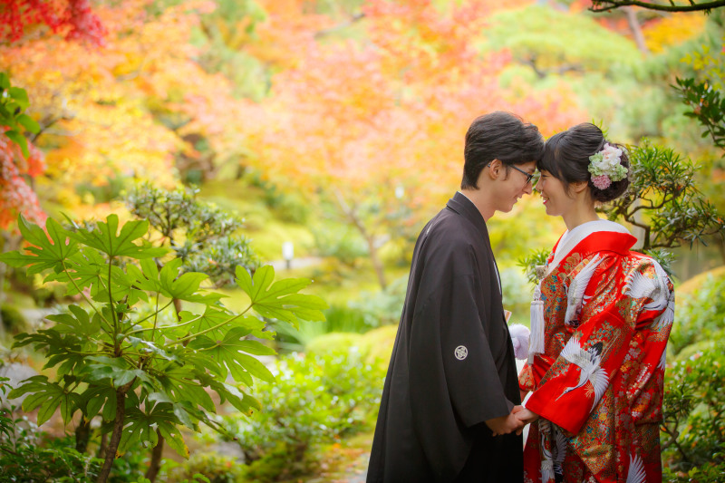 赤や緑、黄色の紅葉に包まれて