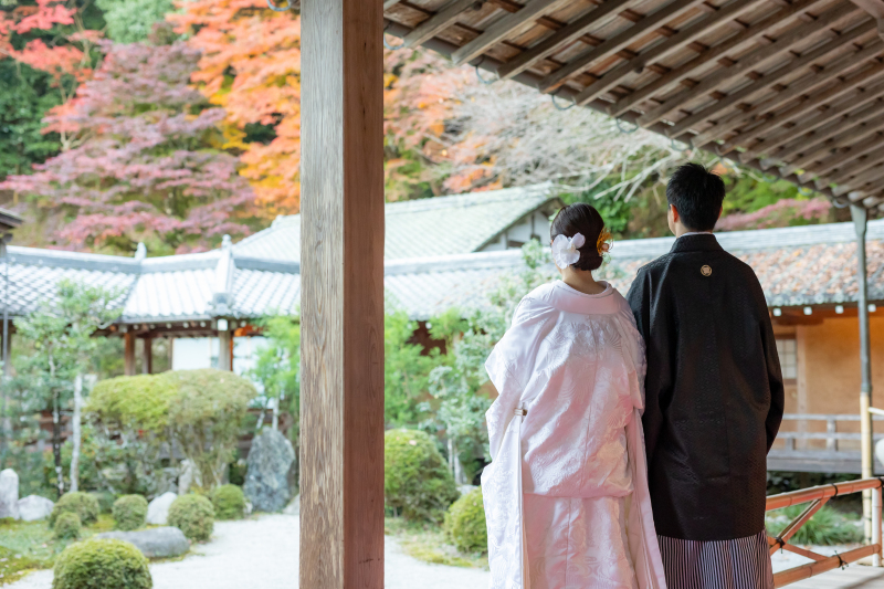 本堂から日本庭園を眺めるお二人