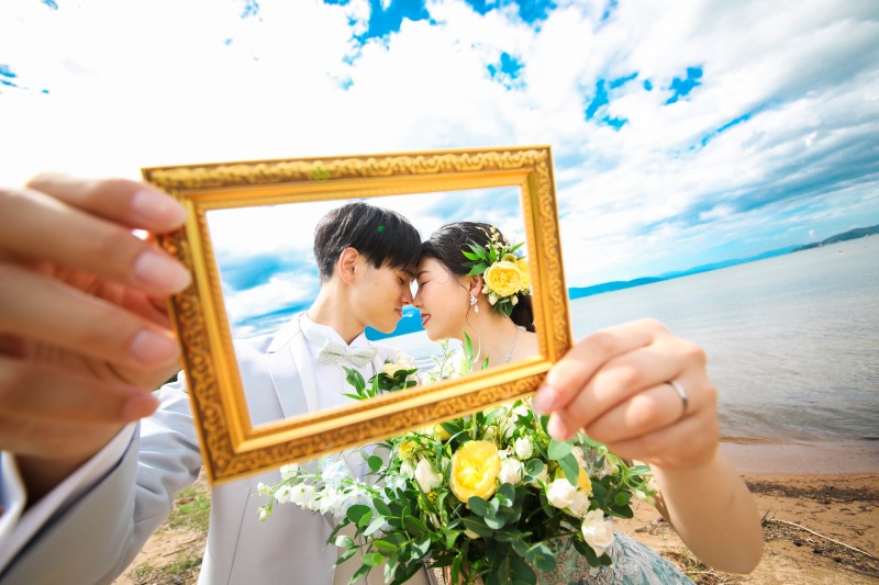 夏空の下琵琶湖で撮影です