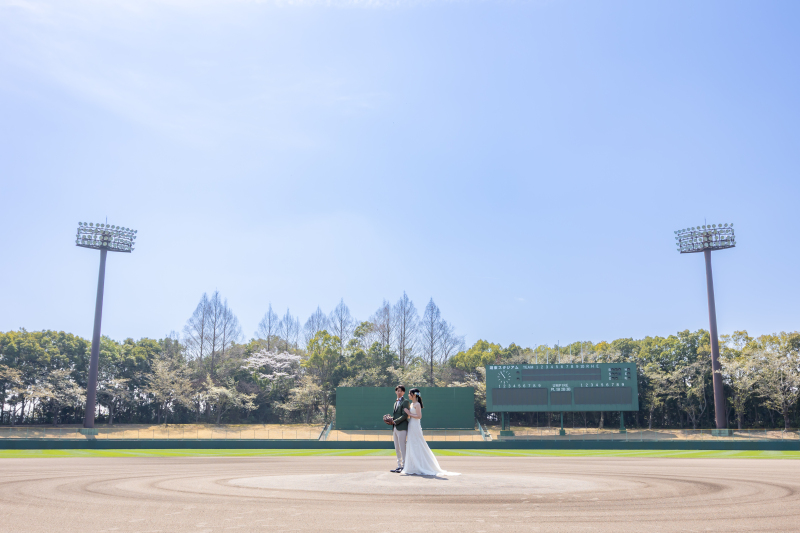 二人の出会いの野球スタジアム撮影