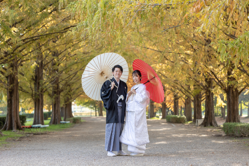 メタセコイヤをバックに和装撮影