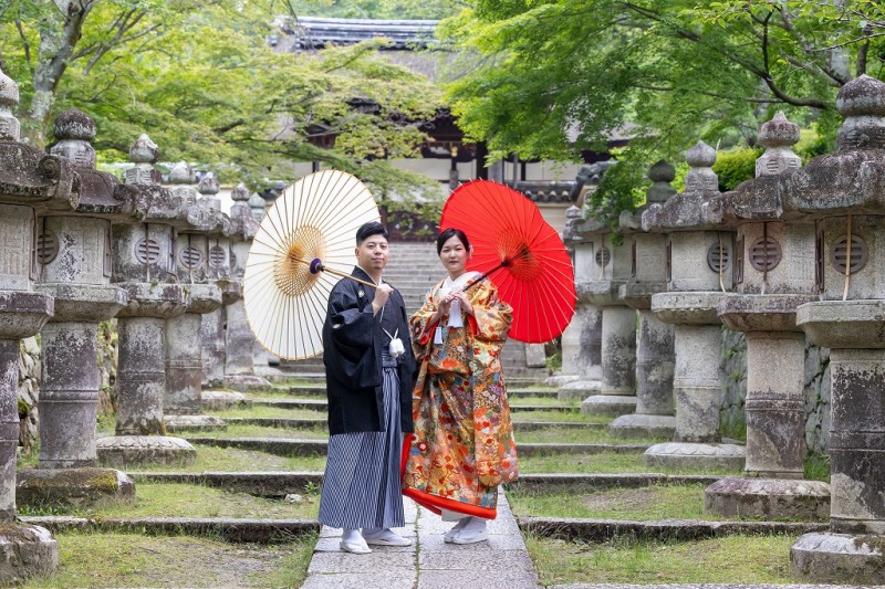 番傘が新緑に映えています