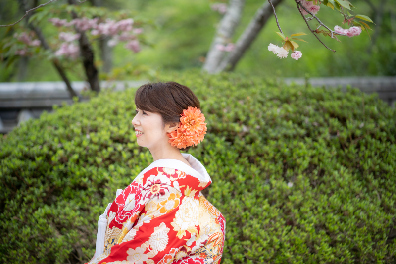 新緑をバックに色打掛が映えています