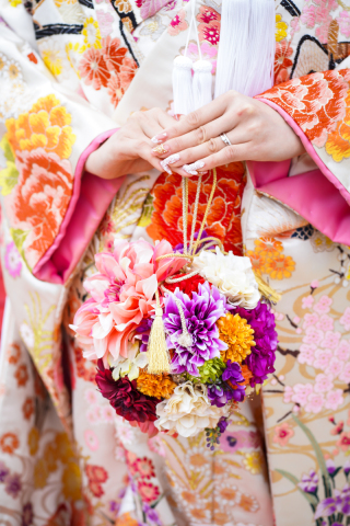 ピンク×パープル×オレンジ和装ブーケ