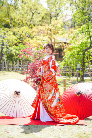 赤xピンク　十二単風　桜鶴柄