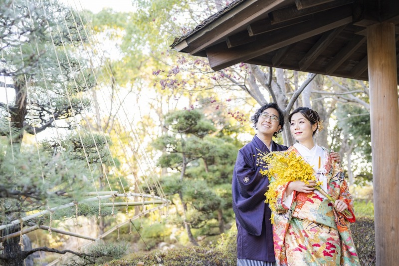 庭園で本格的な和装撮影を
