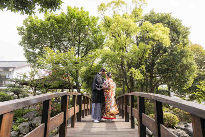 木の橋の上で寄り添う暖かな一枚