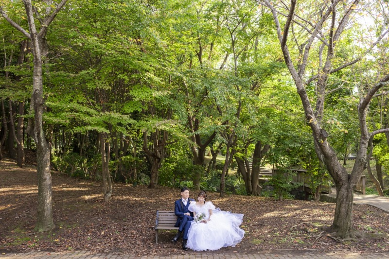 広い公園のベンチでゆったりと