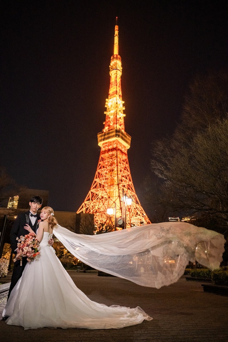 東京タワーとロングベールが彩る夜の一枚