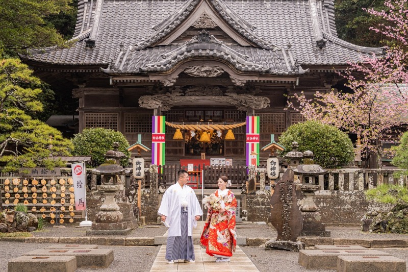 春の神社で見つめ合う和装ウェディングのひととき