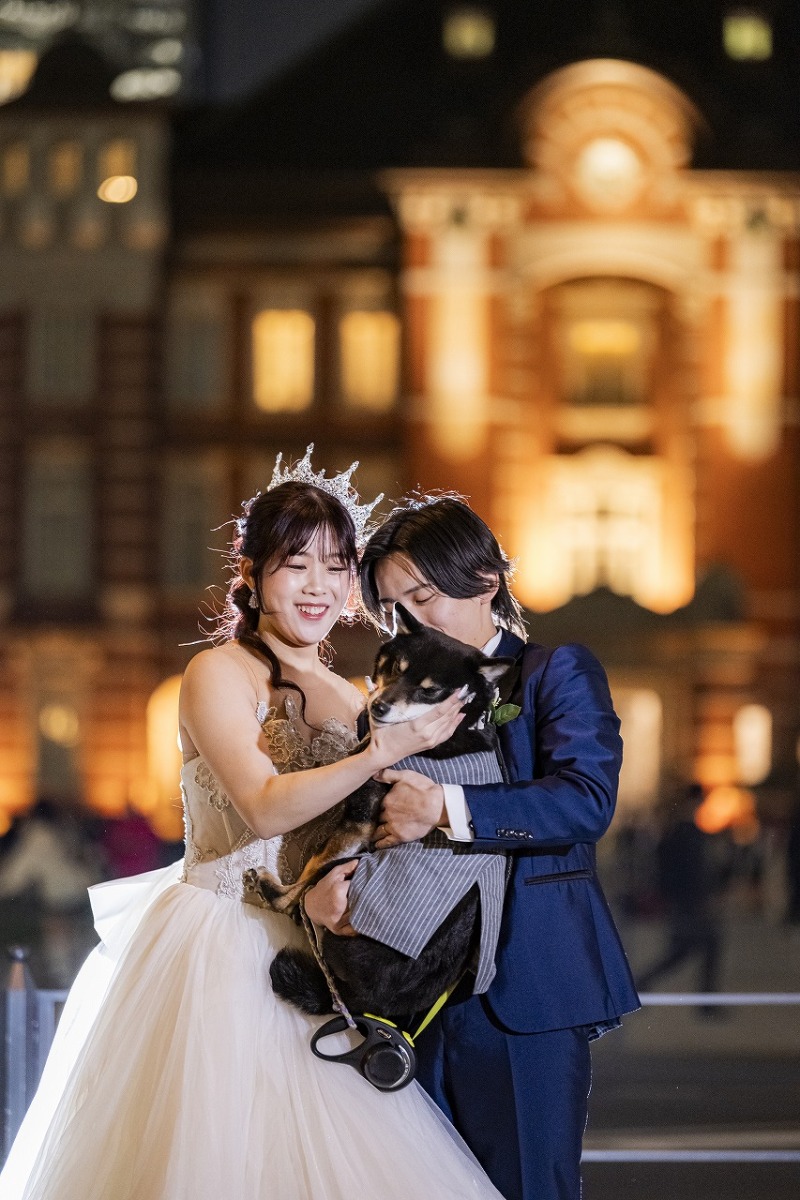 愛犬と寄り添う、東京駅前のあたたかな夜景