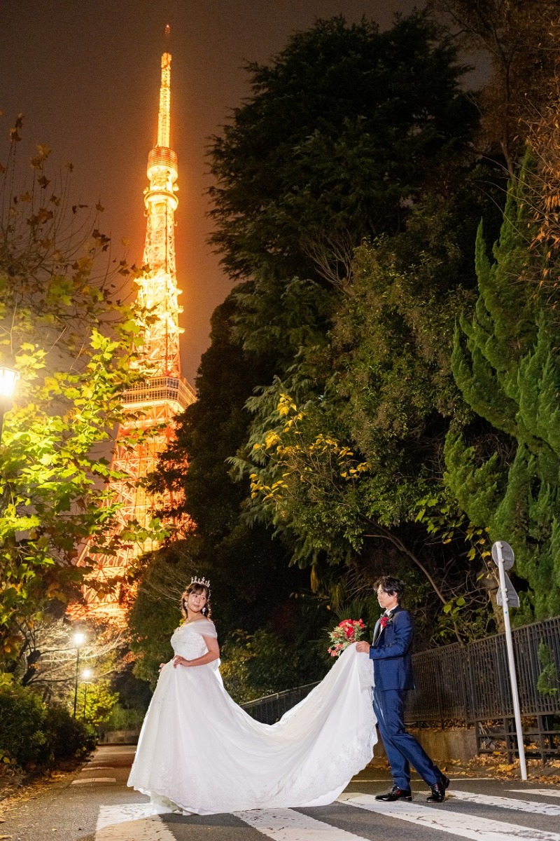 東京タワーを望む優雅なドレスショット