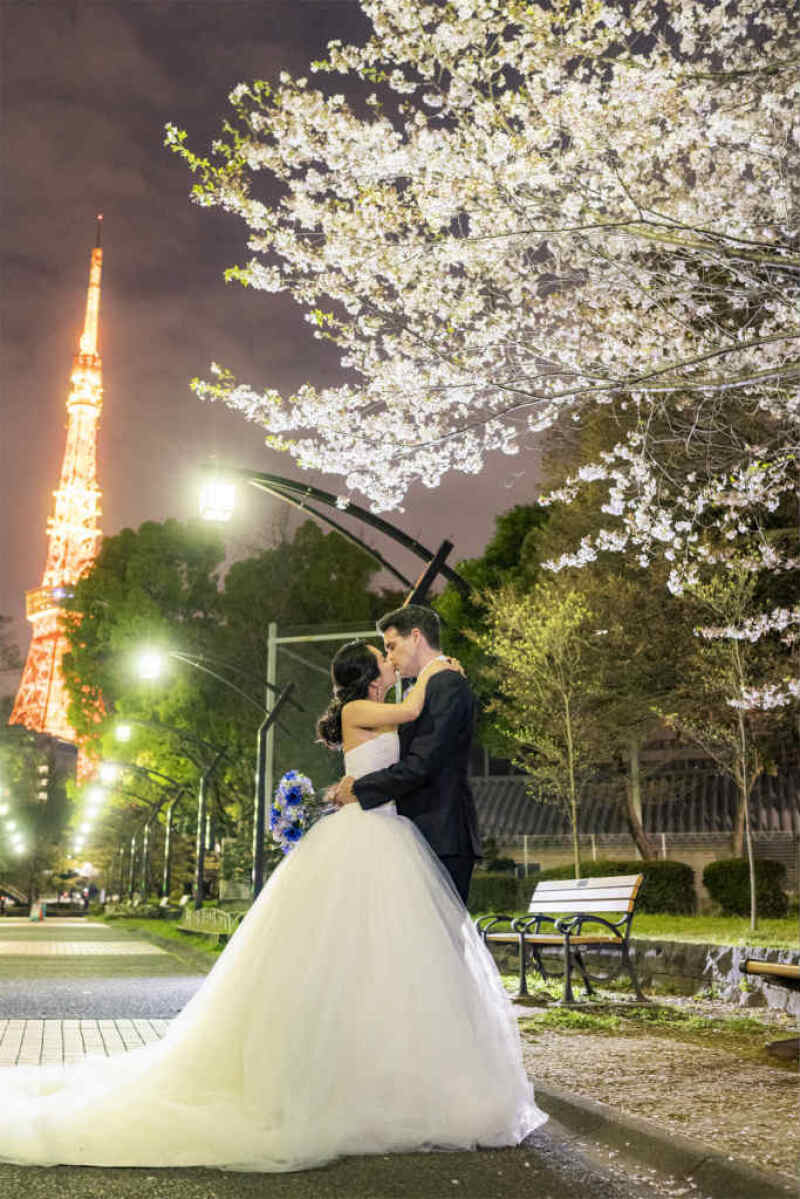 桜と東京タワーが彩るお鼻こつんショット!