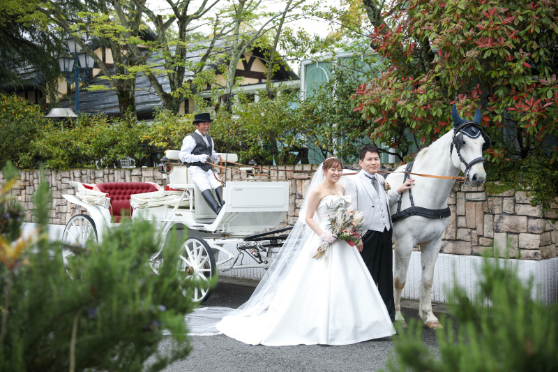 結婚式場で【白馬と馬車撮影】洋装プラン|全データ50カット|10ページアルバム|撮影60分付き|ザ・グリーンカーメル