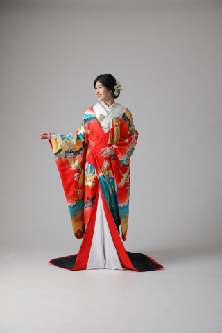 友禅　朱赤　鶴桜/ IU00255