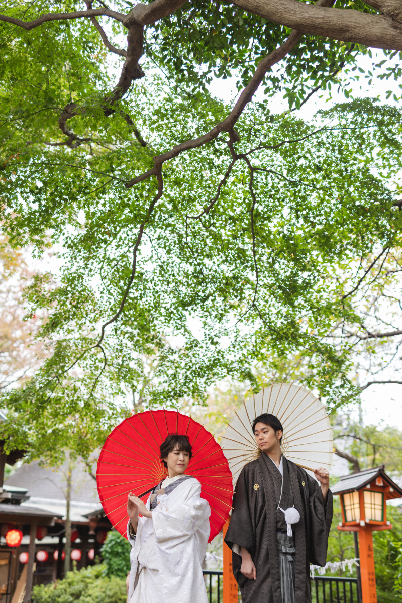 緑が綺麗で赤い和傘が映えますね！