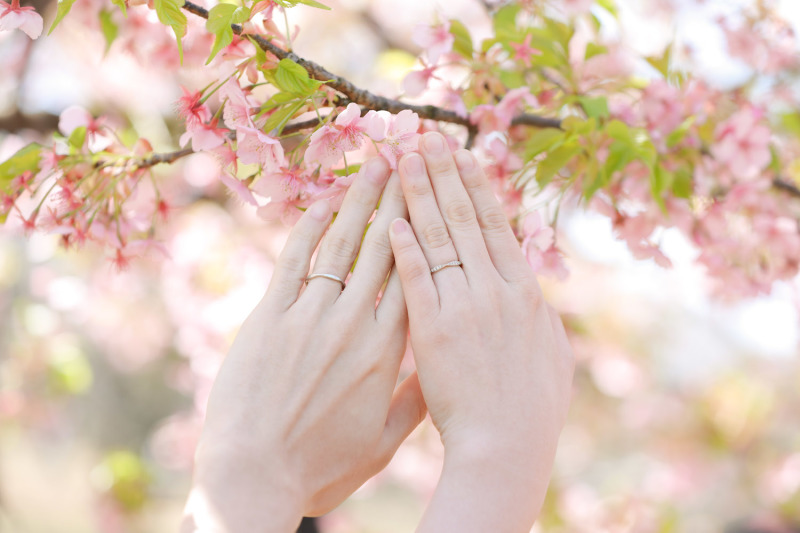 桜をバックにして