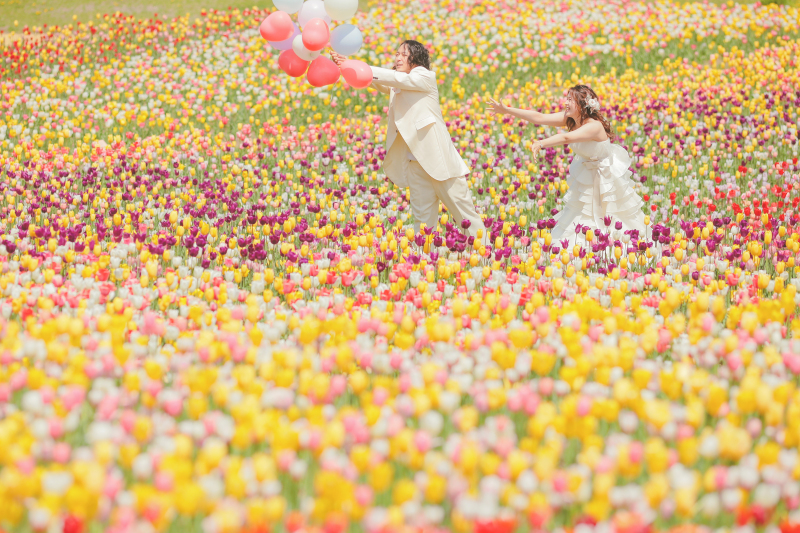 チューリップに囲まれて