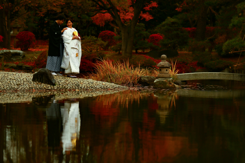 日本庭園の池と共に