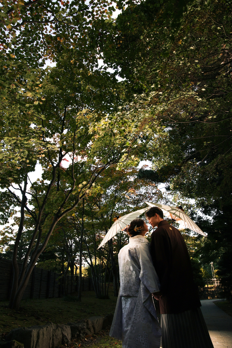 光と傘と木々と