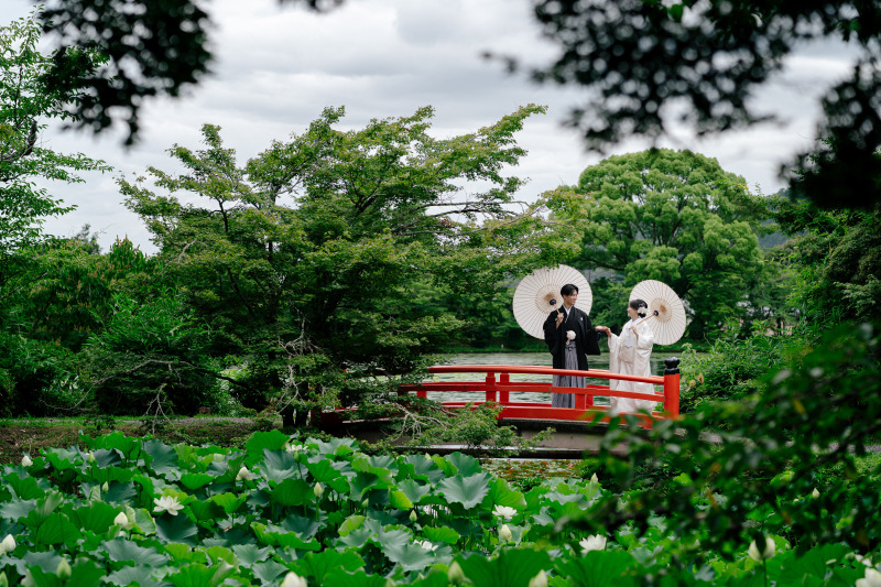 朱色の橋のコントラスト