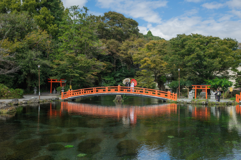 青空と池の赤い橋での撮影。