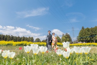 和装で新緑と遅咲きの桜、お花畑ロケーションフォト