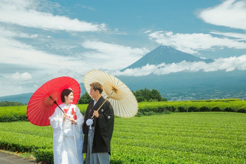 美しい富士山と茶畑での撮影