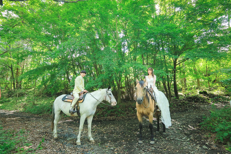 緑の森の中のお馬さんウェディングフォト